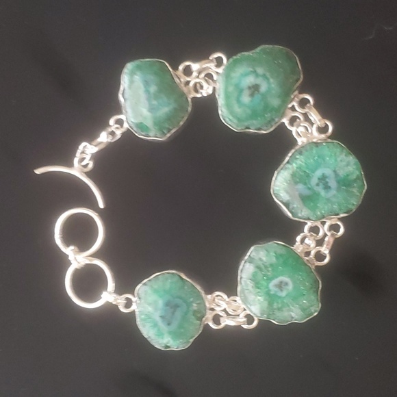 New Green Solar Slice Agate 925 Silver Bracelet. - Picture 6 of 12